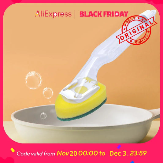Long-Handle Dish Brush with Soap Dispenser - Detachable Scrubbing Sponge for Pots, Pans, Sinks, Refillable Liquid Soap Container