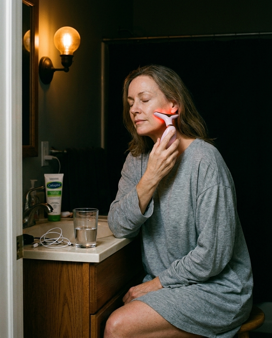 Woman using RedLume wand at night